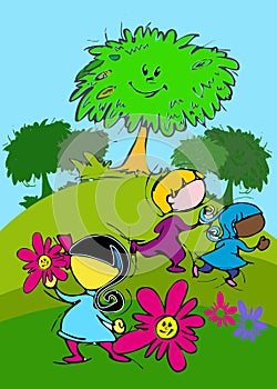 Tree, Flowers and Green Grass, Cartoon for Baby Children-Diversity