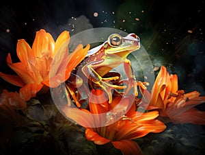 Tree Flying frog on the lotus bud