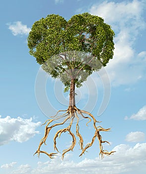 Tree with foliage with the shape of a heart and roots as text Lo