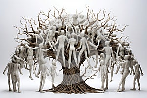 Tree formed entirely by interconnected human figures, symbolizing unity and interconnectedness. Ai generated