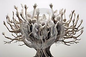 Tree formed entirely by interconnected human figures, symbolizing unity and interconnectedness. Ai generated