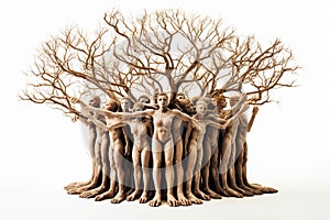 Tree formed entirely by interconnected human figures, symbolizing unity and interconnectedness. Ai generated