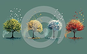 Tree in four seasons - Four minimalist trees side by side, each representing a different season