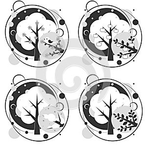 Tree and four seasons - spring, summer, autumn, winter in gray tones. Art Tree Nice for your design