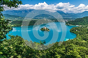 A tree framed view from the Mala Osojnica viewpoint over Lake Bled, Slovenia