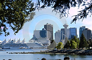 Vancouver Harbor and downtown view of Vancouver in British Columbia, Canada from Stanley Park.