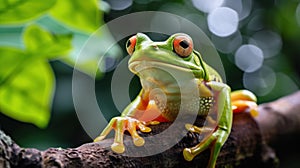 Tree frog on branch, tree frog on green leaves, animal closeup