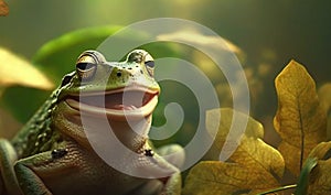 tree frog front view on green leaves. Flying frog look like laughing