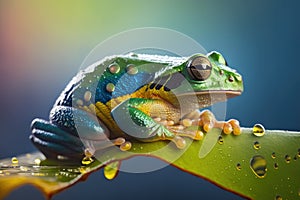 Tree frog on green leaf with drops of water. Macro