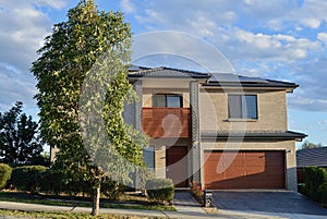 A tree in front of a brick home in the suburbs