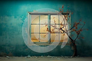 Tree in front of window with sky background and tree in the window. Generative AI