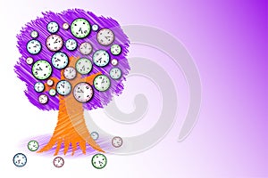 Tree with the fruits of the clock, concept of lost time and the transience of life