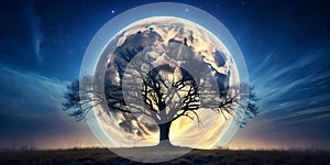 Tree with full moon glowing behind branches