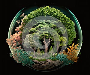 Tree in a glass bowl world environment concept. Nature ecology green, sustainability plant Generative AI