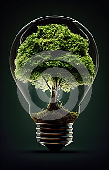 A tree in a glass bulb. The concept of environmental protection, ecology and green energy. Ai generative