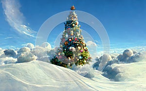 This Tree Glows Brightly On Snow Covered Foggy Christmas Morning. Ai digital art illustration