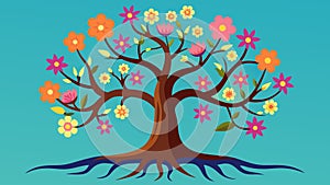 A tree with gnarled roots and vibrant blossoms pointing to the dreamers strong family connections and personal growth