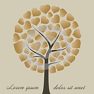 Tree and gold heart shape leaves vector background