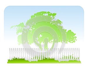 Tree Grass White Fence Background