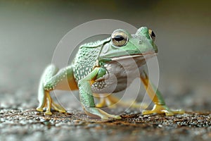 A tree green frog walks in the rain in nature