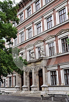 Tree with green leaves in front of the entrance, with three main doors and three statues above, of an important and historic palac