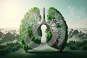 A tree with green leaves in the shape of human lungs created with Generative AI technology