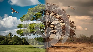 A tree in a green meadow clear air with plants and air pollution that affects climate change photo