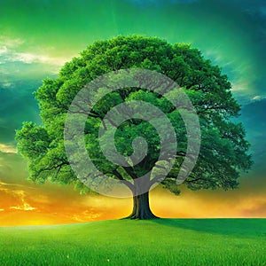 a tree in a green meadow clearr with plants andr pollution that affects climate