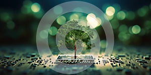 Tree Growing On Circuit Electronic Board, Organic And Digital Life Fusion. Green Technology. Eco Innovation. Generative AI