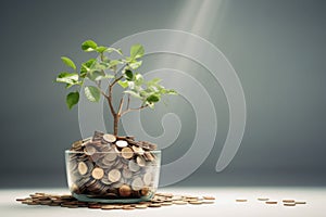 Tree growing on coins. Business finance investment concept. AI generated