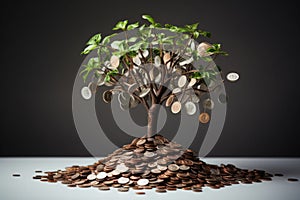 Tree growing on coins. Business finance investment concept. AI generated