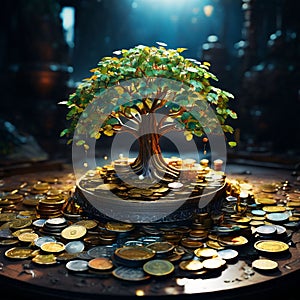 Tree growing on coins. Financial growth concept.