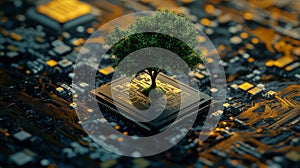 A tree growing on a computer microchip, symbolizing nature and technology integration. Sustainability and innovation