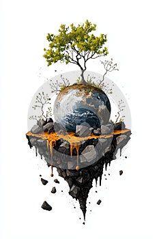 Tree growing on floating earth globe