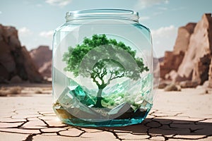 Tree growing in glass jar with desert background. Ecology concept. Earth day