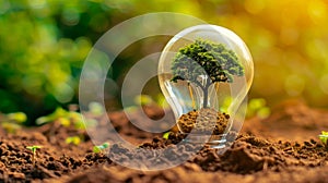 tree growing inside an illuminated bulb. Earth Day or energy saving and environment concept