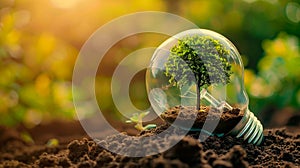 tree growing inside an illuminated bulb. Earth Day or energy saving and environment concept