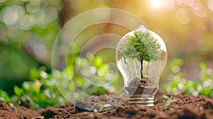 tree growing inside an illuminated bulb. Earth Day or energy saving and environment concept