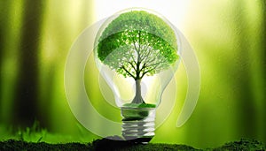 tree growing inside a light bulb. Concept of green energy and energy-saving light bulbs