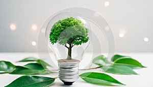 tree growing inside a light bulb. Concept of green energy and energy-saving light bulbs