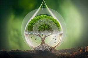 A tree growing inside a rain drop, sustainability concept, Generative AI