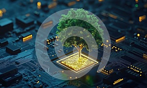 Tree Growing from Microchip Symbolizing Technology and Nature Integration, Futuristic Concept of Eco-Friendly Innovation