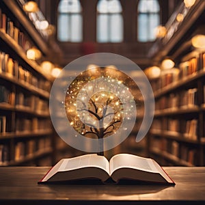 Tree growing from an open book. Conceptual image with dry tree growing from book. AI generated image