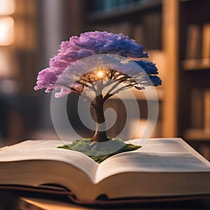 Tree growing from an open book. Conceptual image with dry tree growing from book. AI generated image