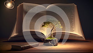 Tree growing on an open book with light bulb in the background. Generative AI