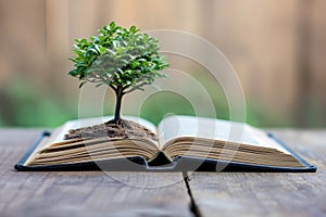 tree growing from an open book, symbolizing the growth of knowledge and ideas