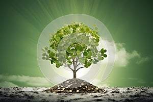 Tree growing from pile of coins against green background