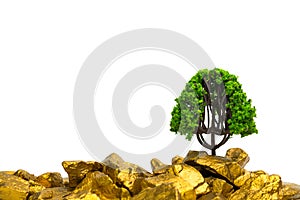 Tree growing on pile of gold nuggets, growth business finance investment concept