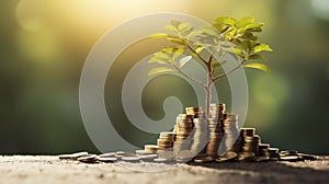 tree growing on pile of golden coins, growth business finance investment and Corporate Social Responsibility or CSR practice