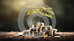 tree growing on pile of golden coins, growth business finance investment and Corporate Social Responsibility or CSR practice